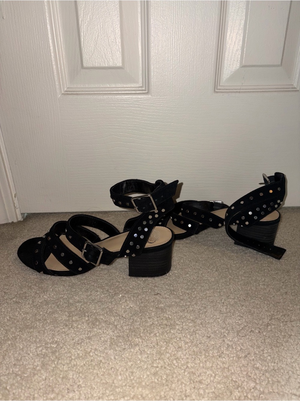 Vince Camuto Black Suede Studded Heel Sandal, Size 7